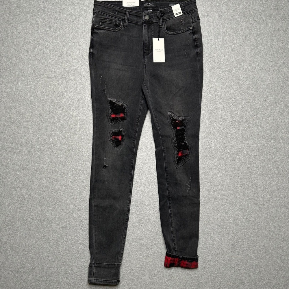 Judy Blue Womens Distressed Skinny Jeans Black Red Buffalo Plaid JB82191BK 9/29